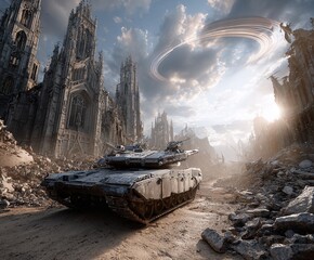 Massive military tank in a desolate post-apocalyptic city.