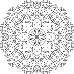 Beautiful detailed mandala design, circular floral pattern, intricate line art, perfect for coloring, meditation, tattoo ideas, decorative vector, spiritual art, flat vector illustration.