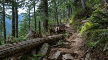 Rugged Hiking Trail Surrounded by Fallen Logs in Lush Forest