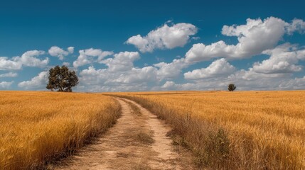 Serene Rural Pathway Through Golden Wheat Fields Under Blue Sky