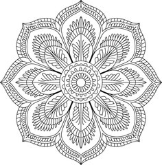 Intricate mandala design, detailed floral pattern, symmetrical round shape, decorative line art, traditional ethnic style, vector coloring page, flat vector illustration
