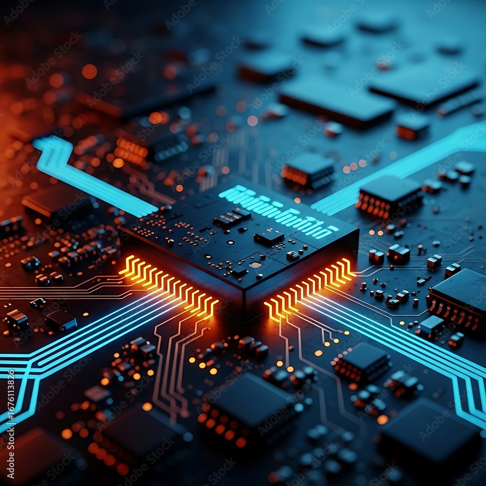 Poster closeup of a circuit board with glowing microchip and electronic components