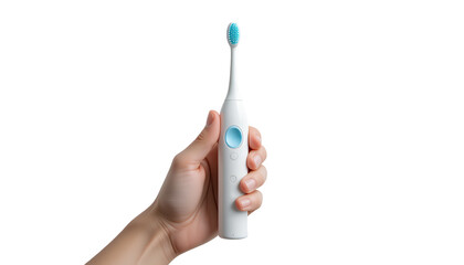 Hand Holding White Electric Toothbrush with Blue Brush Head isolated on transparent background