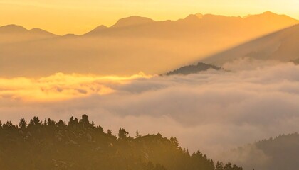 Obraz premium A tranquil and majestic view of a mountain range enveloped in a sea of fog during a golden sunrise, with stunning sunbeams piercing the haze