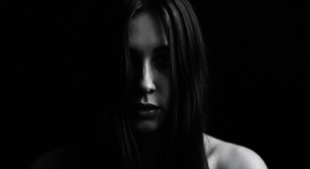 Dramatic Black and White Portrait of a Woman with Long Hair, Atmospheric Studio Shot, Face in Shadow, Emotional Expression, Moody Portrait Photography