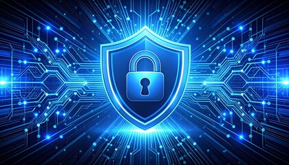 Futuristic cybersecurity concept with a glowing blue shield and padlock symbolizing digital data protection and internet network safety