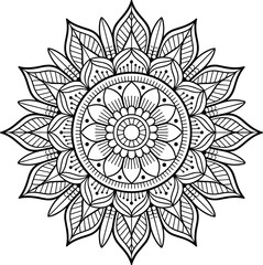Detailed floral mandala line art design, perfect for coloring pages, tattoo stencil, meditation art, decor, flat vector illustration.