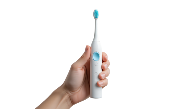 Hand Holding White Electric Toothbrush with Blue Brush Head isolated on transparent background - Powered by Adobe
