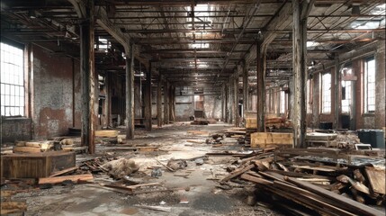 Abandoned Warehouse Interior Filled with Rusty Metal Debris