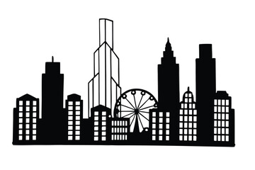 Fototapeta premium Black Silhouette of a City Skyline with Skyscrapers and Ferris Wheel urban architecture