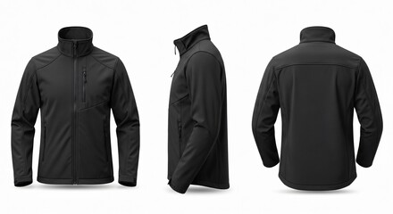 Black Softshell Jacket: Front Side and Back Views on White.