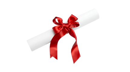 Rolled Up Diploma with Bright Red Ribbon Bow isolated on transparent background