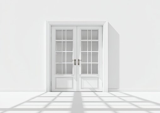 White double doors on a white wall, sunlit shadows