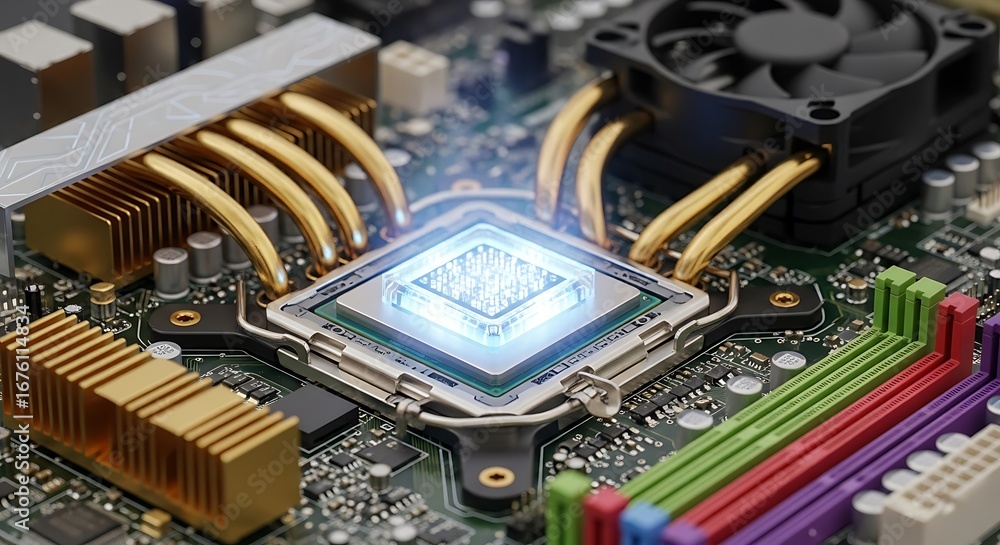 Aufkleber closeup of a modern cpu with cooling system on a computer motherboard