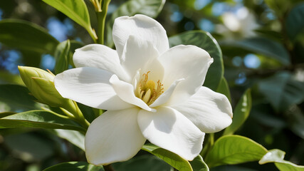 Beautiful White Gardenia Flower Blooming in Sunlight