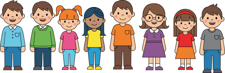 Cartoon children smiling and standing in a row, diverse kids in casual outfits, happy moments with colorful clothes.