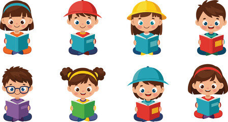 Cartoon children reading books, kids with colorful hats and glasses, happy and focused kids enjoying reading time.