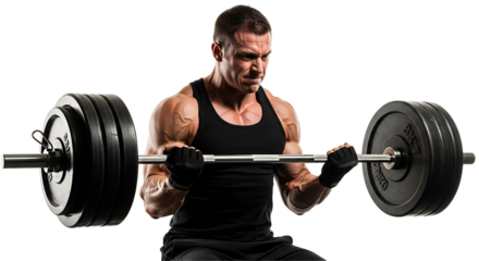 Man performing bicep curls with a barbell isolated on Transparent background