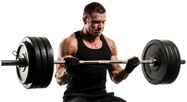 Man performing bicep curls with a barbell isolated on Transparent background