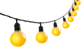 String of warm yellow globe lights isolated on white background