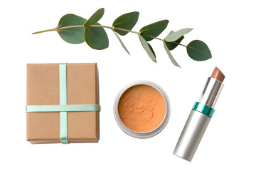 Cosmetic products and eucalyptus branch isolated on white background