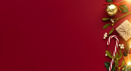 Obraz premium Festive Christmas border with candy cane, gift, holly, mistletoe, and jingle bell on red background