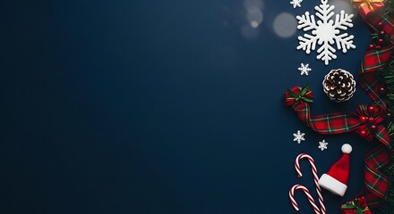Obraz premium Festive Christmas decorations including ribbon, candy canes, Santa hat, pinecone, and snowflakes on dark blue