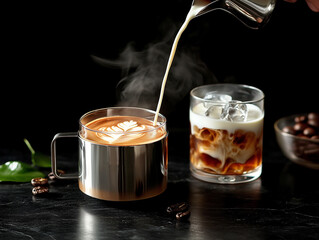 Dwie kawy na czarnym blacie. Do kubka z kawą latte wlewane jest spienione mleko, tworząc wzór liścia. Obok stoi mrożona kawa ze spienionym mlekiem i lodem.