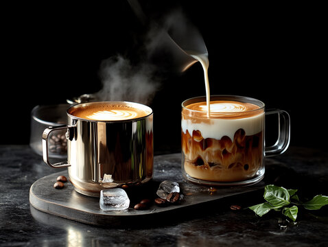 Dwie kawy na czarnym blacie. Do szklanego kubka wlewa się mleko, tworząc mieszankę z kawą i lodem. Obok stoi parująca kawa latte z wzorem serca.