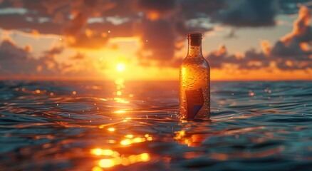 Message in a Bottle Adrift on a Tranquil Ocean During a Vivid Sunset