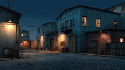 Fototapeta premium Night Scene in Small Urban Alley with Warehouse Buildings
