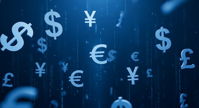 Floating currency symbols like dollar, euro, yen, pound in blue digital space