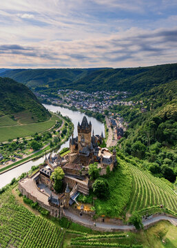 aerial landscape view of the Mosel Valley and Cochem town and castle