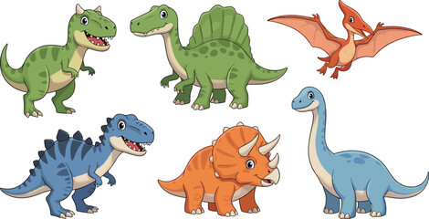 Cartoon dinosaurs in vibrant colors, playful and cute T-Rex, Triceratops, Pterodactyl, Stegosaurus, Brachiosaurus, and more.
