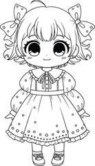 Chibi girl illustration, black and white vector, cute anime character, vintage dress design, hand-drawn style, adorable doll art, manga-inspired drawing