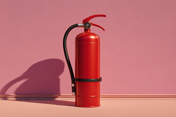 Fototapeta premium Red fire extinguisher on pink backdrop - safety equipment, emergency response, home security, office safety.