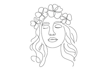 Elegant minimalist line art drawing of a classical greek goddess statue face adorned with a floral wreath and flowing hair