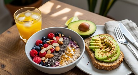 Nourishing healthy breakfast featuring vibrant berry oatmeal bowl, avocado toast, and fresh orange juice, perfect for a wholesome start to the day.