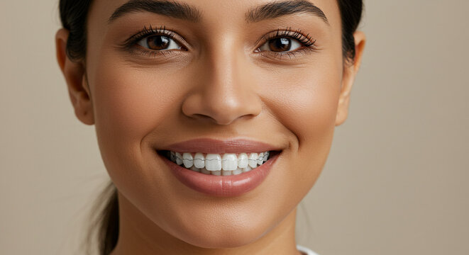 Confident young woman smiling brightly revealing modern clear aligners for straighter teeth and a beautiful smile