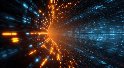 Digital tunnel with orange and blue light trails
