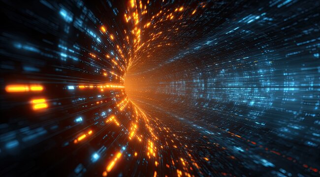 Digital tunnel with orange and blue light trails - Powered by Adobe