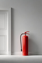 Obraz premium Red fire extinguisher standing next to a white door against a gray wall for emergency fire safety.