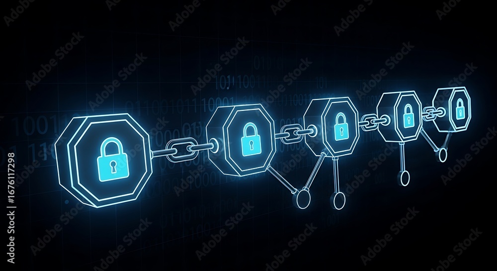 Poster blockchain technology with padlock icons representing security and data protection, tote bag mockup,