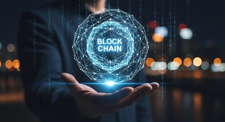 Man holding a glowing blockchain network sphere in his hand at night