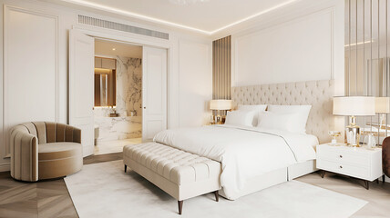 Plush beige armchair and tufted bed in a bright white hotel bedroom with marble bathroom luxurious