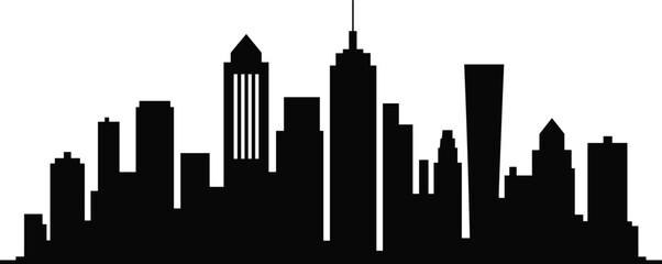 Obraz premium Black city skyline silhouette, urban landscape vector illustration, modern cityscape, downtown buildings, metropolitan skyline, flat vector illustration.