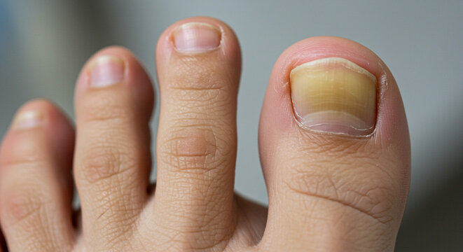 Toenail discoloration close up representing fungal infection or nail disease diagnosis and treatment options