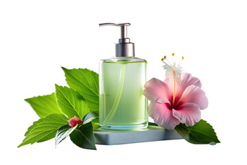 Green liquid dispenser with hibiscus flower isolated on white background