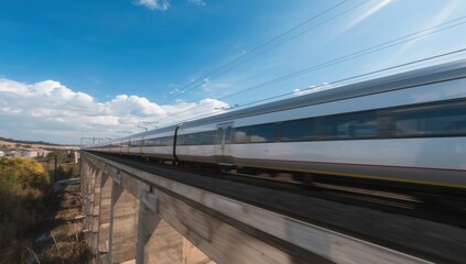 Naklejka premium Experience high speed travel across scenic bridge with modern train under bright blue sky on sunny day