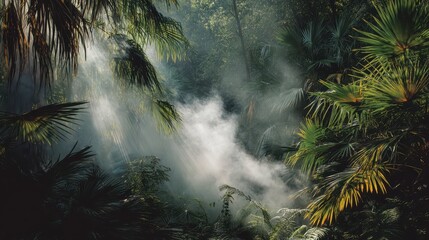 Naklejka premium Misty Jungle Landscape with Lush Greenery and Warm Atmosphere
